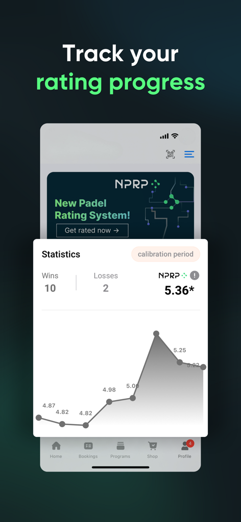 Playbypoint app interface displaying padel rating statistics and a progress graph over time