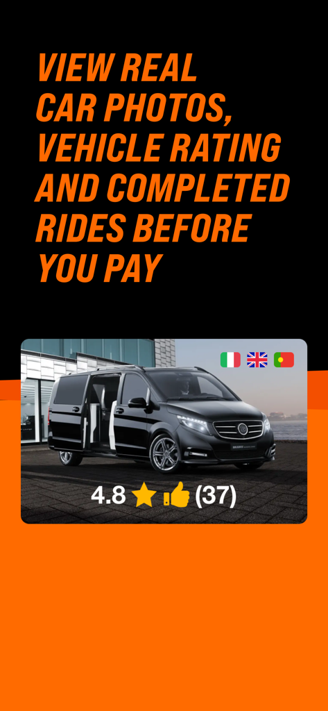 Screenshot of GetTransfer app showing a black van with star ratings and actual vehicle photos