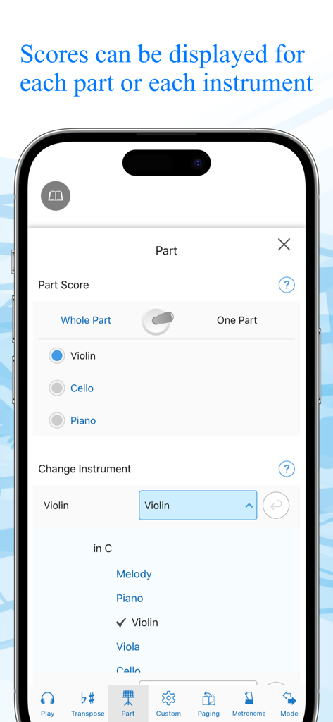 Canon Viewer - Sheet music - App interface for selecting specific instrument parts and musical scores