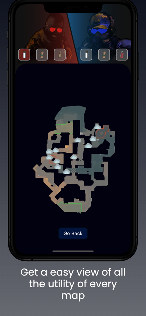 Util Master -CS2 Utility guide - Un aperçu tactique de carte dans l'application Util Master montrant les emplacements de grenades fumigènes pour une carte CS2