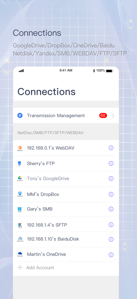 Files Go - media player - Écran de connexions dans l'application Files Go montrant les services cloud intégrés et les serveurs réseau tels que FTP et SMB