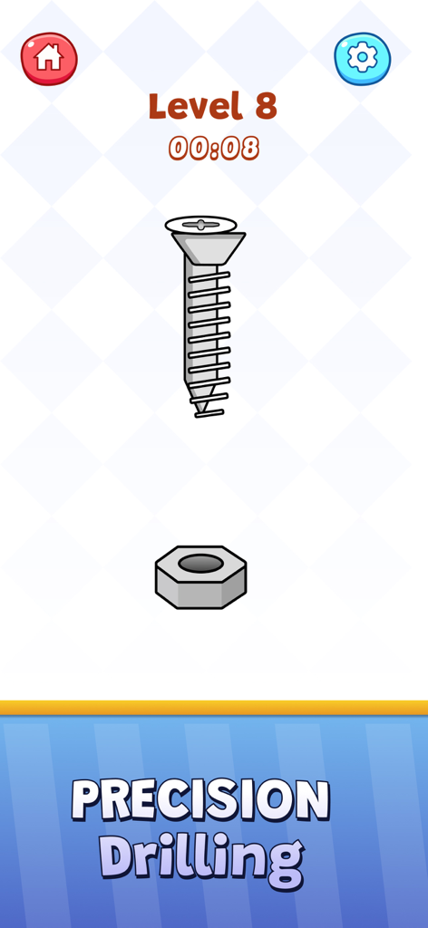 A precision drilling mini game screen from Tap Tap Challenge featuring a screw and nut