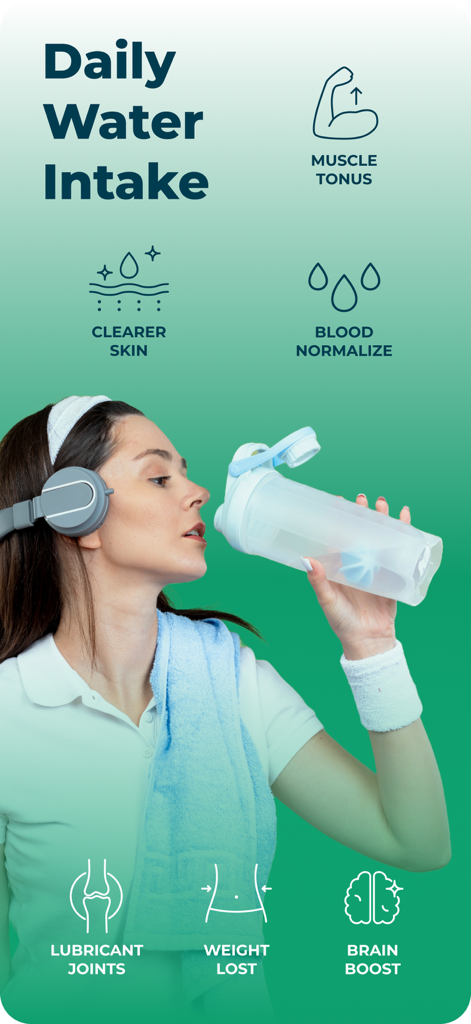 BMI, BMR & Body Fat Calculator - A woman drinking water from a bottle with icons showing benefits like clearer skin and muscle tonus