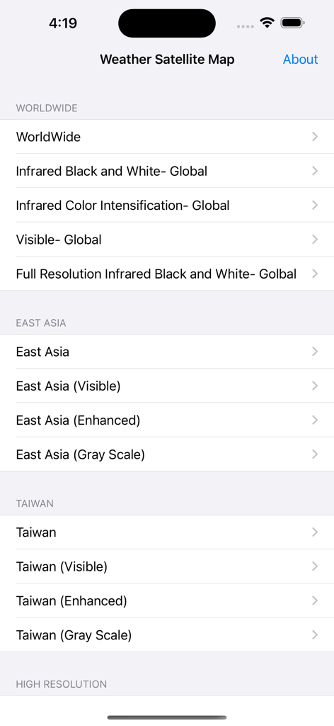 Selection screen for various satellite weather maps including infrared and visible views
