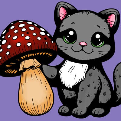 purple realistic cat holding a mushroom