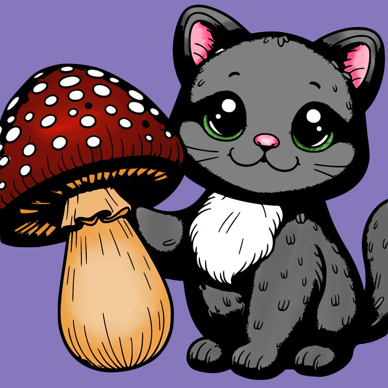 purple realistic cat holding a mushroom