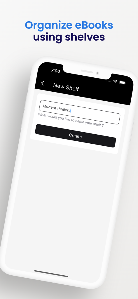 Una pantalla de smartphone que muestra la interfaz de la aplicación Grook para crear un nuevo estante de eBooks llamado Thrillers modernos.