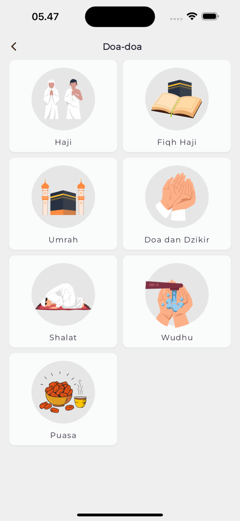 Hasuna Tour - Hasuna Tour app screen showing ritual guide categories including Hajj Umrah and Salah