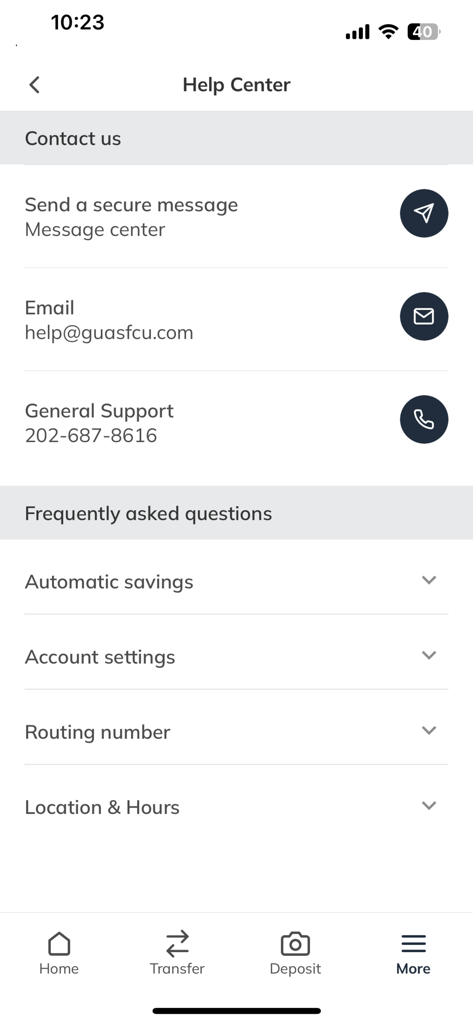 Georgetown Alumni & Student CU - Help center screen of the GUASFCU mobile app displaying contact information and FAQ sections