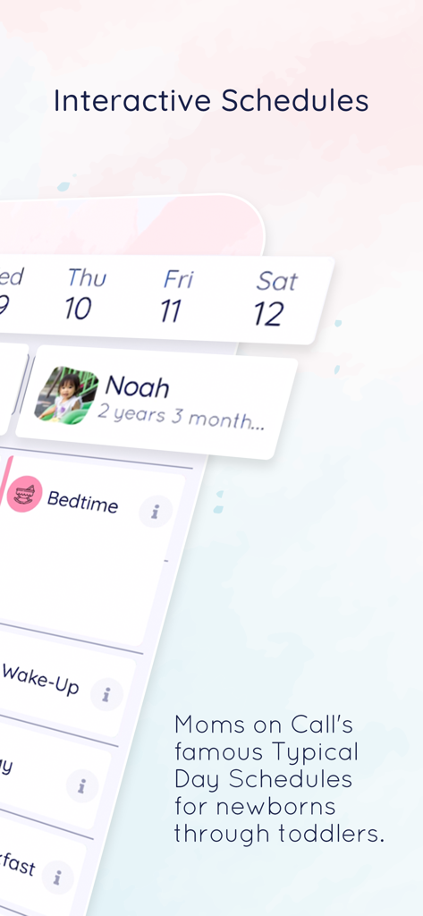 Moms on Call app screen showing interactive daily schedules for newborns and toddlers