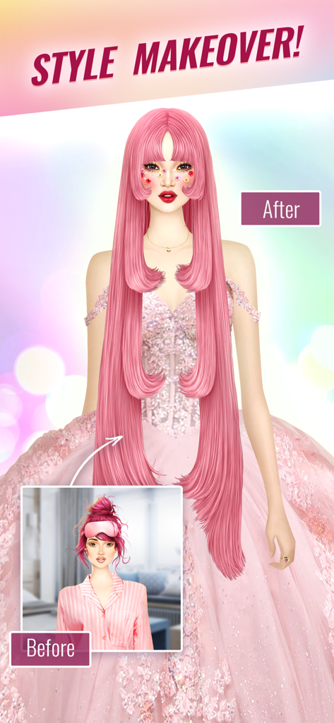 Covet Fashion: Dress Up Game - Comparación de un antes y un después de un cambio de imagen de estilo que muestra la transformación de una modelo de pijama a un elegante vestido rosa con cabello largo y rosa.