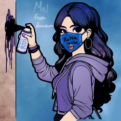 realistic girl with mask spray painting a wall