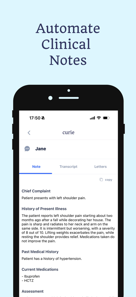 Curie - AI Medical Scribe - Curie AI Medical Scribe app interface displaying automated clinical notes and patient history on an iPhone