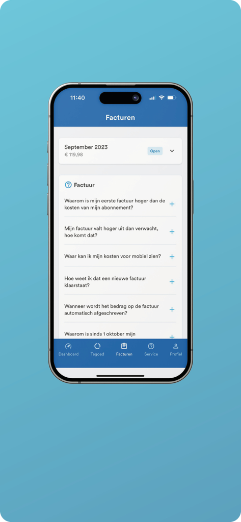 Caiway Mobiel - Caiway Mobiel app interface showing the invoices and billing support section.