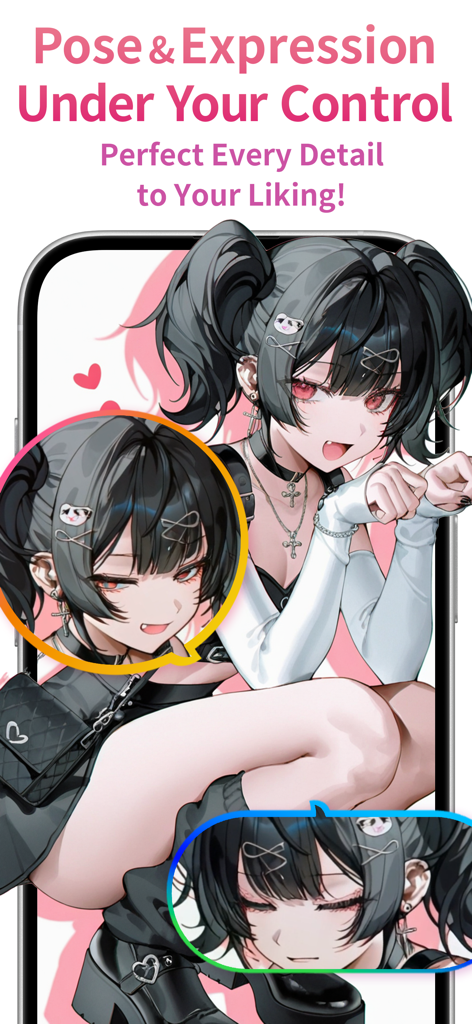 PixAI app interface showing character customization with different facial expressions and poses