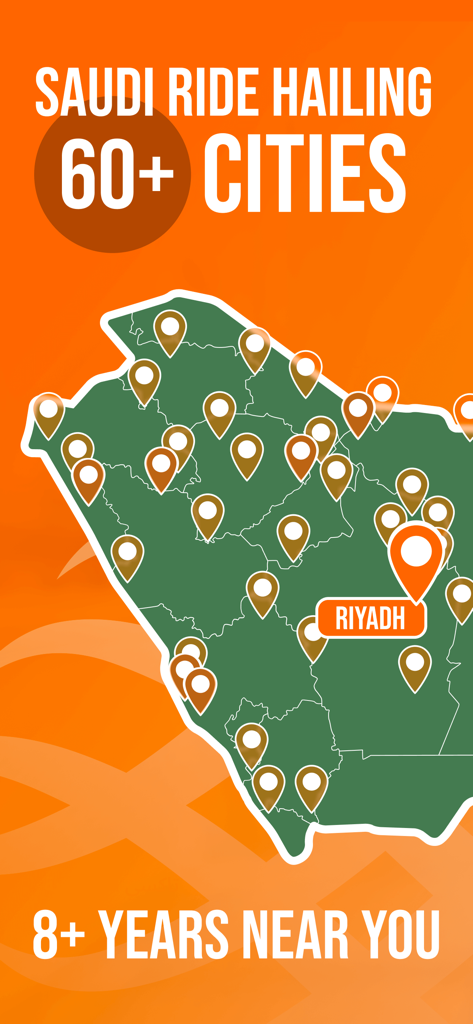 Saudi Ride Hailing : Kaiian - Map of Saudi Arabia showing over 60 cities where Kaiian ride hailing services are available