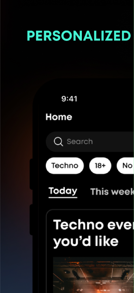 Pantalla de inicio personalizada de la aplicación Frisson Events que muestra categorías de eventos de música tecno y una barra de búsqueda.