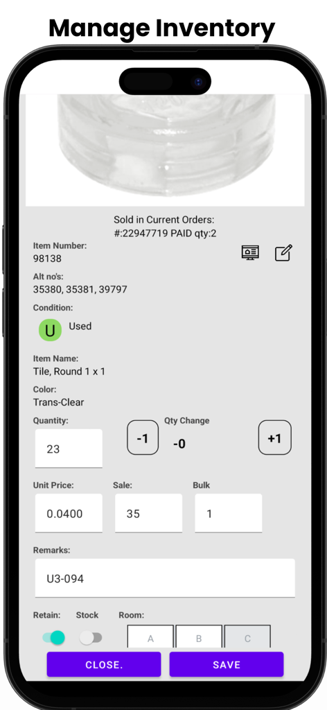 Mobile app screen showing inventory management details for a LEGO part including quantity and price updates.