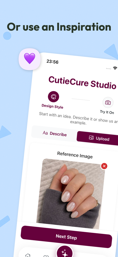 AI Nail Art Try On - CutieCure - CutieCure Studio app screen for uploading a nail art reference image