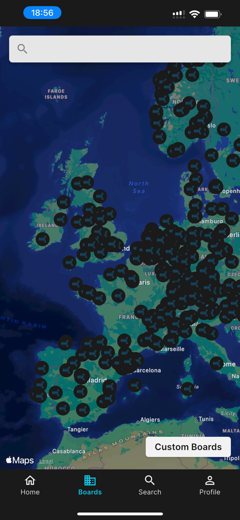 Kilter Board Climbing Wall App - Mapa interactivo en la app Kilter Board mostrando ubicaciones de gimnasios de escalada en toda Europa.