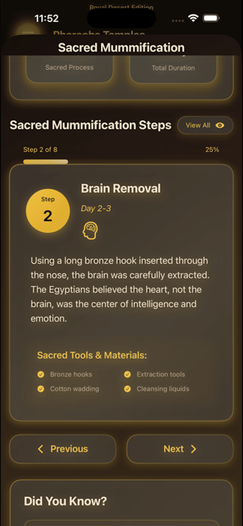 Egyptian-Hieroglyph-AI-Scanner - Educational guide about ancient Egyptian mummification steps in a mobile app