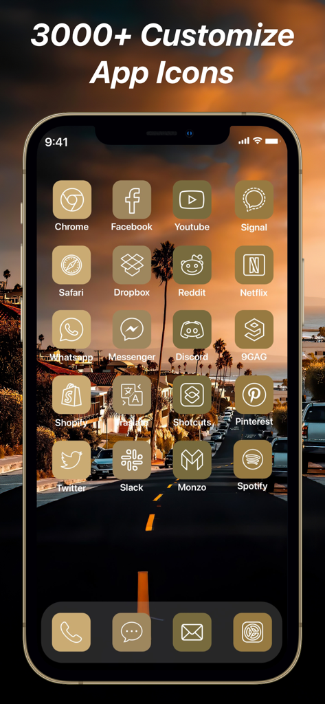 Pantalla de inicio de iPhone con iconos de aplicaciones personalizados en tonos neutros y un fondo de pantalla de atardecer
