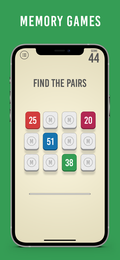 Math Bits - Brain Training - Interface do aplicativo Math Bits mostrando o jogo de treino de memória Encontrar os Pares em um smartphone