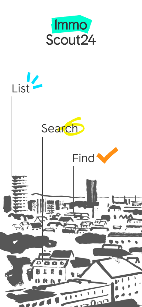 ImmoScout24 branding with list search and find labels over a city drawing