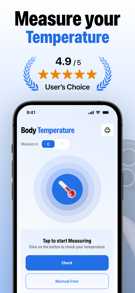 Body Temperature Checker。 - Interfaccia dell'app Body Temperature Checker su un iPhone che mostra una schermata di misurazione con un pulsante di controllo e una valutazione di 4,9 stelle.