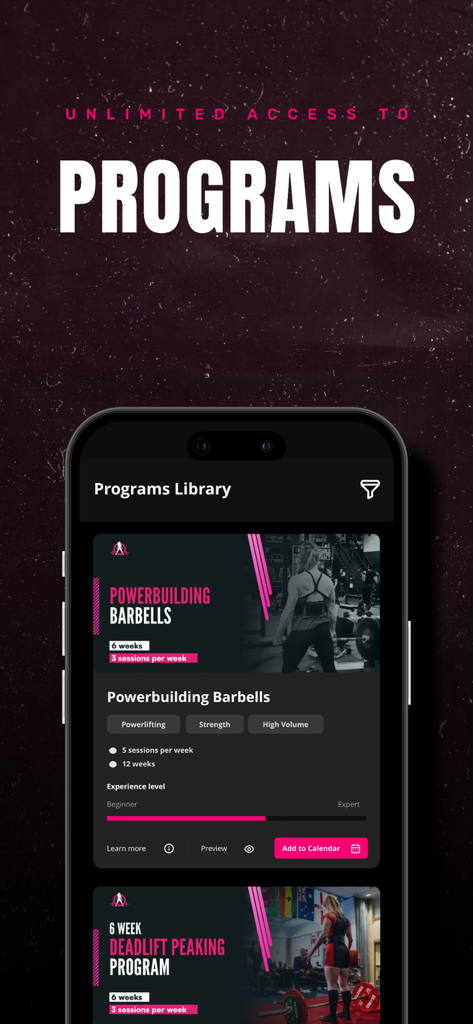 Women Who Lift Weights App - Pantalla de smartphone que muestra la Biblioteca de Programas con programas de powerbuilding y levantamiento de peso muerto en la aplicación Women Who Lift Weights.