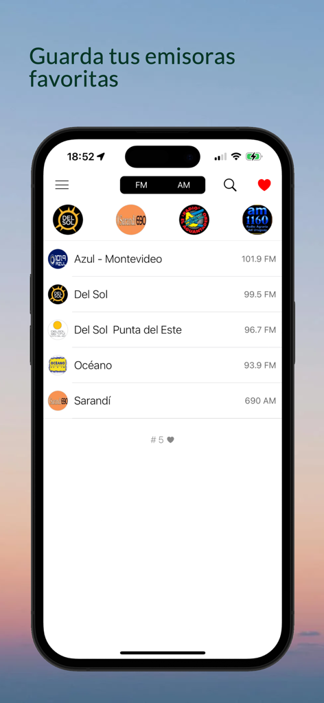 A mobile screen showing the favorite radio stations list in the Radios Uruguay app