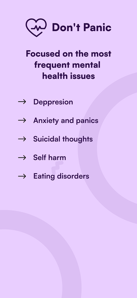 Screenshot of the Don't Panic app listing mental health topics including depression, anxiety, and self harm.