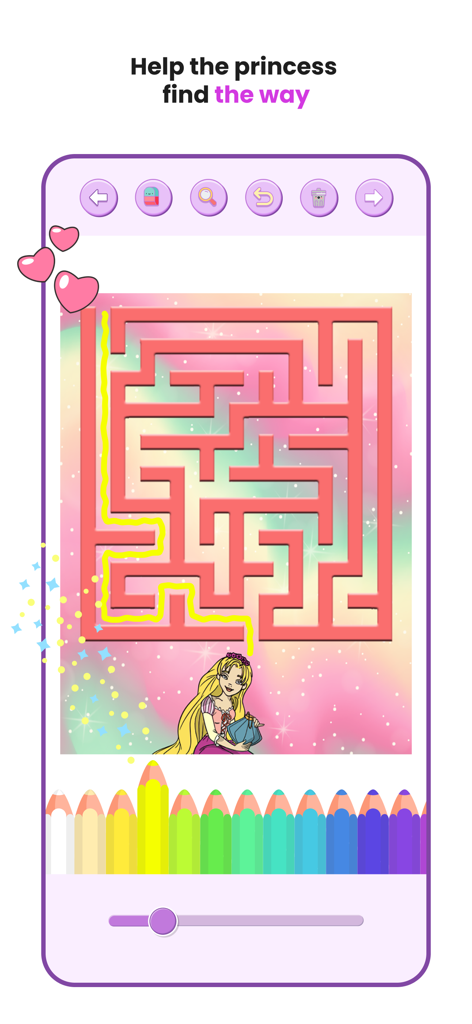 Rapunzel Coloring Book Games - Personagem princesa Rapunzel na parte inferior de um quebra-cabeça de labirinto rosa em um aplicativo móvel infantil