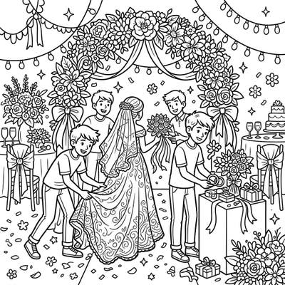 Dive into a heartwarming scene where teenage volunteers bring extra joy to a beautiful wedding celebration. This intricate coloring page captures the spirit of service amidst floral arches and festive details, perfect for all ages.