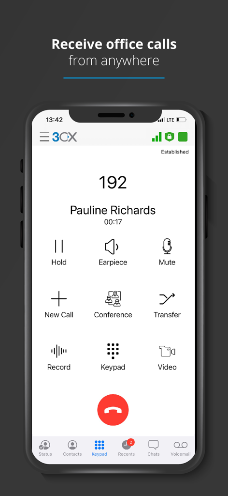 3CX - iPhone showing the 3CX app interface during an active business call with options for conference and transfer
