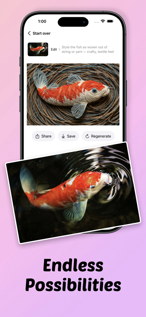 Flux Kontext: AI Image Editor - AI image editor app displaying a real koi fish photo transformed into a woven yarn textile style using a text prompt