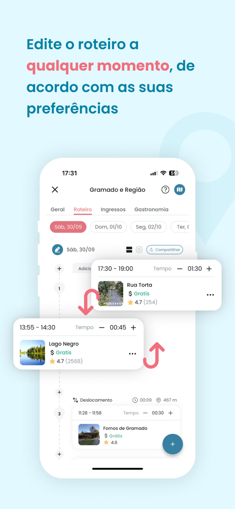Mobile interface of Roterin app showing an editable travel itinerary with activity times and visitor ratings