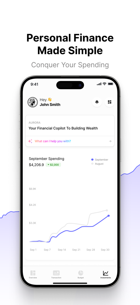 WalletWize: Track Money Better - WalletWize 앱 인터페이스에 월별 지출 차트와 금융 도우미가 표시됨
