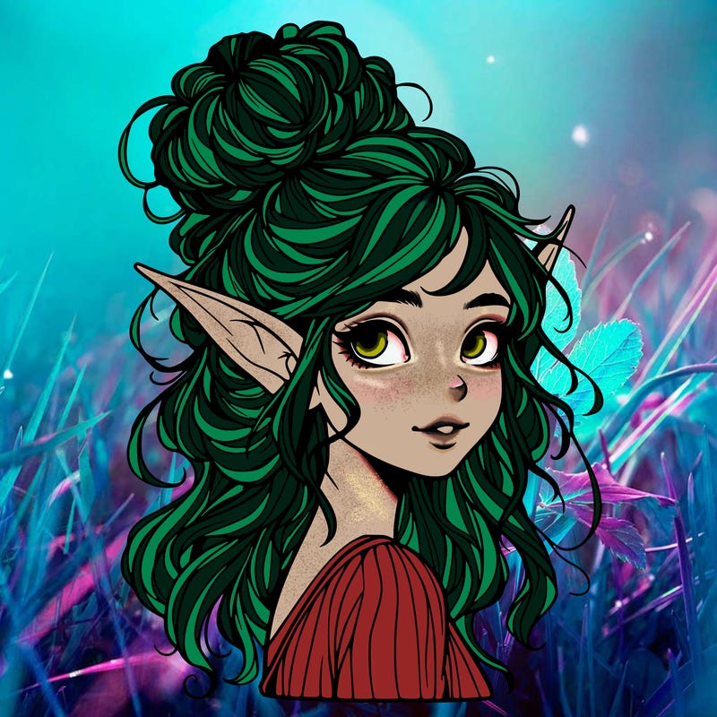 magical realistic elf girl with a messy bun