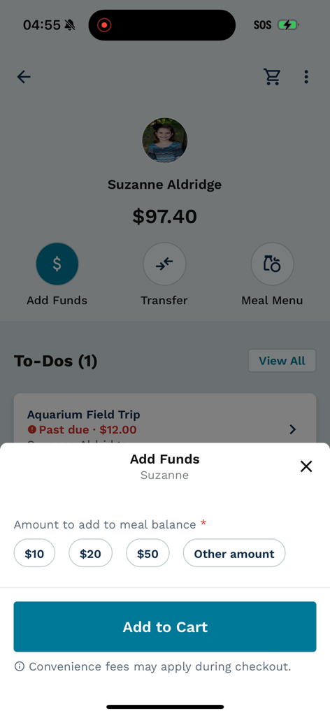 LINQ Connect - A student profile in the LINQ Connect app showing a popup to add funds to a school meal balance