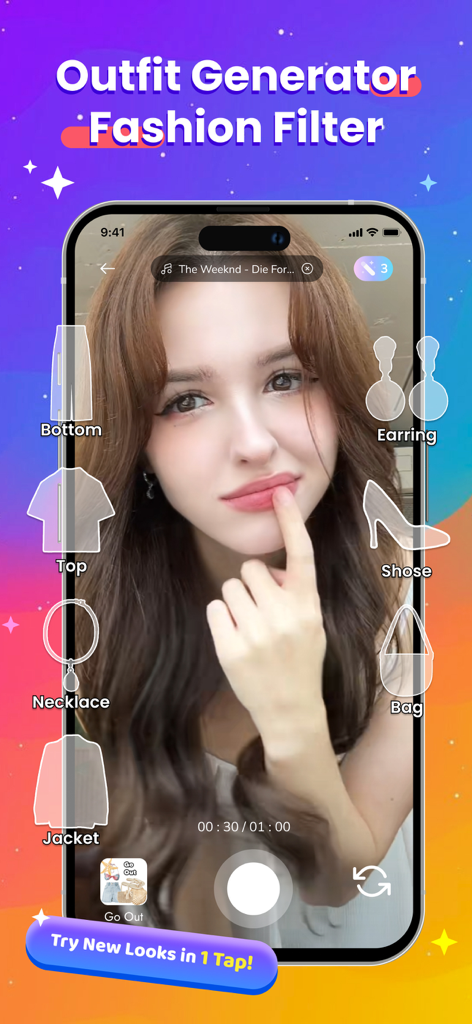 Ranking Filter Funny Challenge - Mobile app interface showing a fashion filter outfit generator challenge featuring a young woman