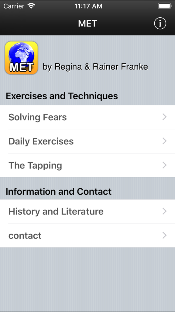 Pantalla de inicio de la aplicación MET Meridian Energy Techniques con un menú para la resolución de miedos y ejercicios de tapping.