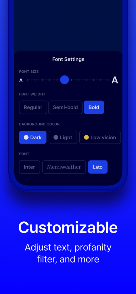 Live Transcribe - A mobile app screenshot showing font settings for accessibility including size weight and background color options