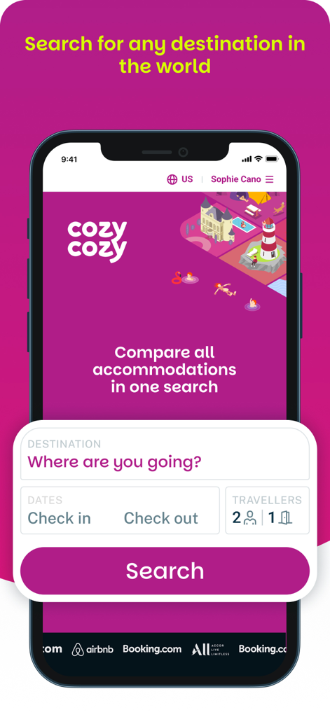 Interfaccia dell'app Cozycozy che mostra una schermata di ricerca per confrontare hotel e case vacanze a livello globale