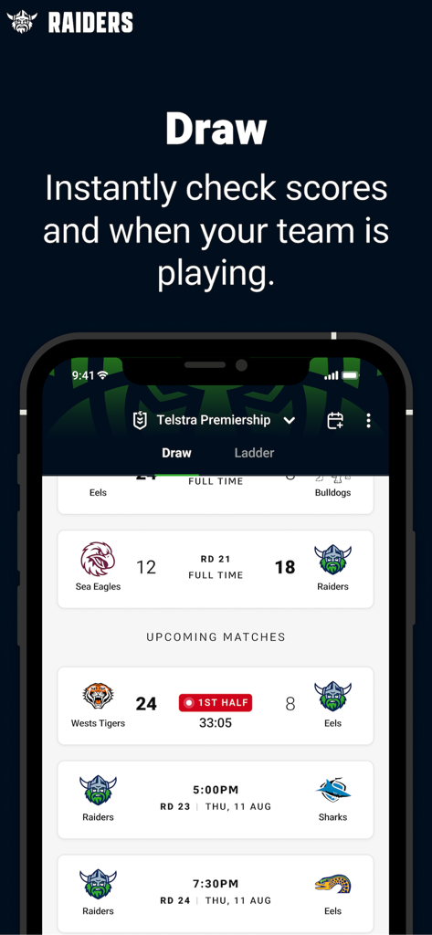 Canberra Raiders mobile app display showing the NRL match draw and live scores
