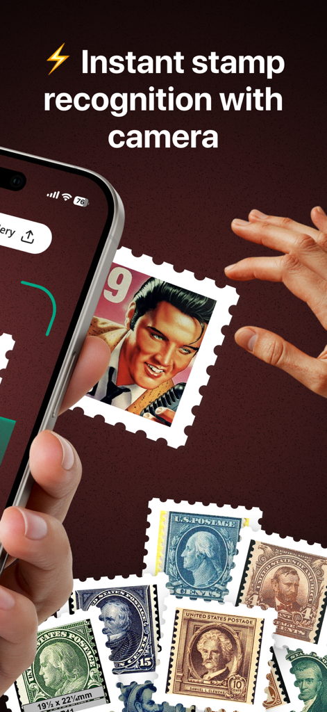 Smartphone camera scanning an Elvis Presley postage stamp for instant AI identification