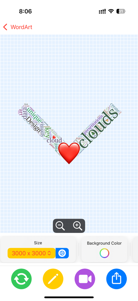 빨간색 하트가 있는 체크 표시 모양의 단어 구름을 보여주는 WordArt 앱의 인터페이스