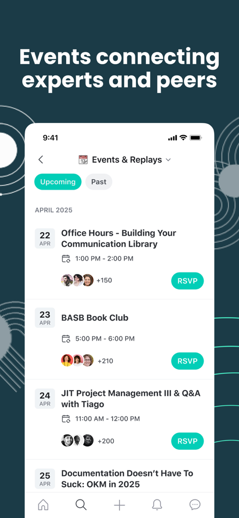 La schermata Eventi e Replay nell'app Building a Second Brain con workshop della community e sessioni live di esperti.