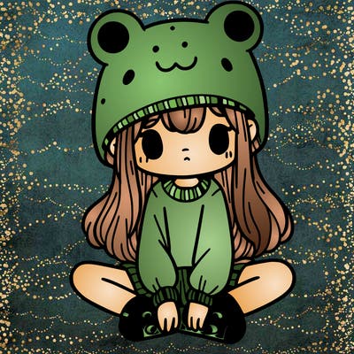 a girl wearing a frog hat and some frog socks