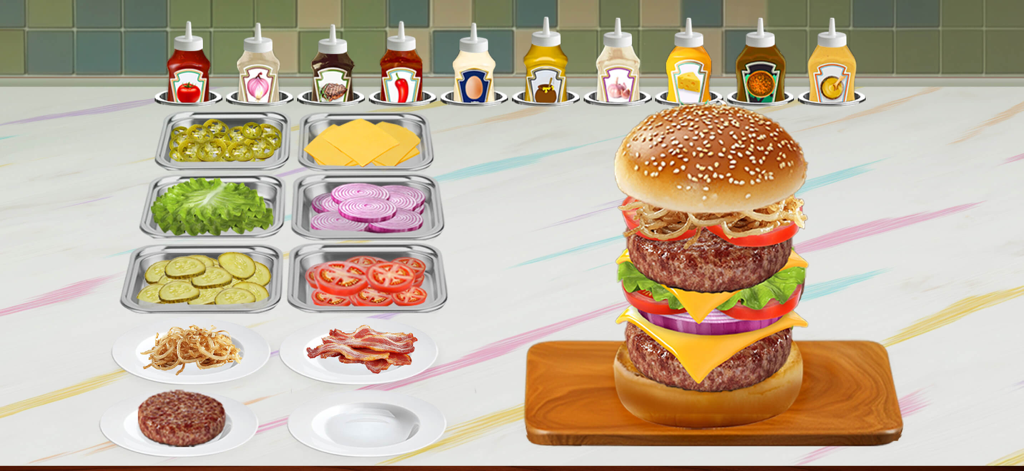 Double cheeseburger assembly game for kids with various toppings and condiments